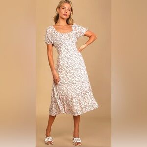 Lulu’s Instant Infatuation Cream Floral Print Puff Sleeve Midi Dress ZB2